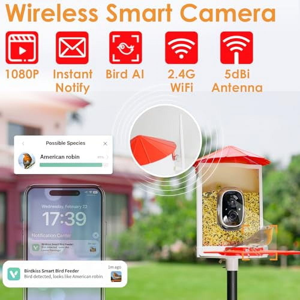 Birdkiss Smart Bird Feeder with Camera, Metal Squirrel Proof Bird Watching Cameras with AI Identification & Solar Panels, Gifts for Bird Lovers, Red