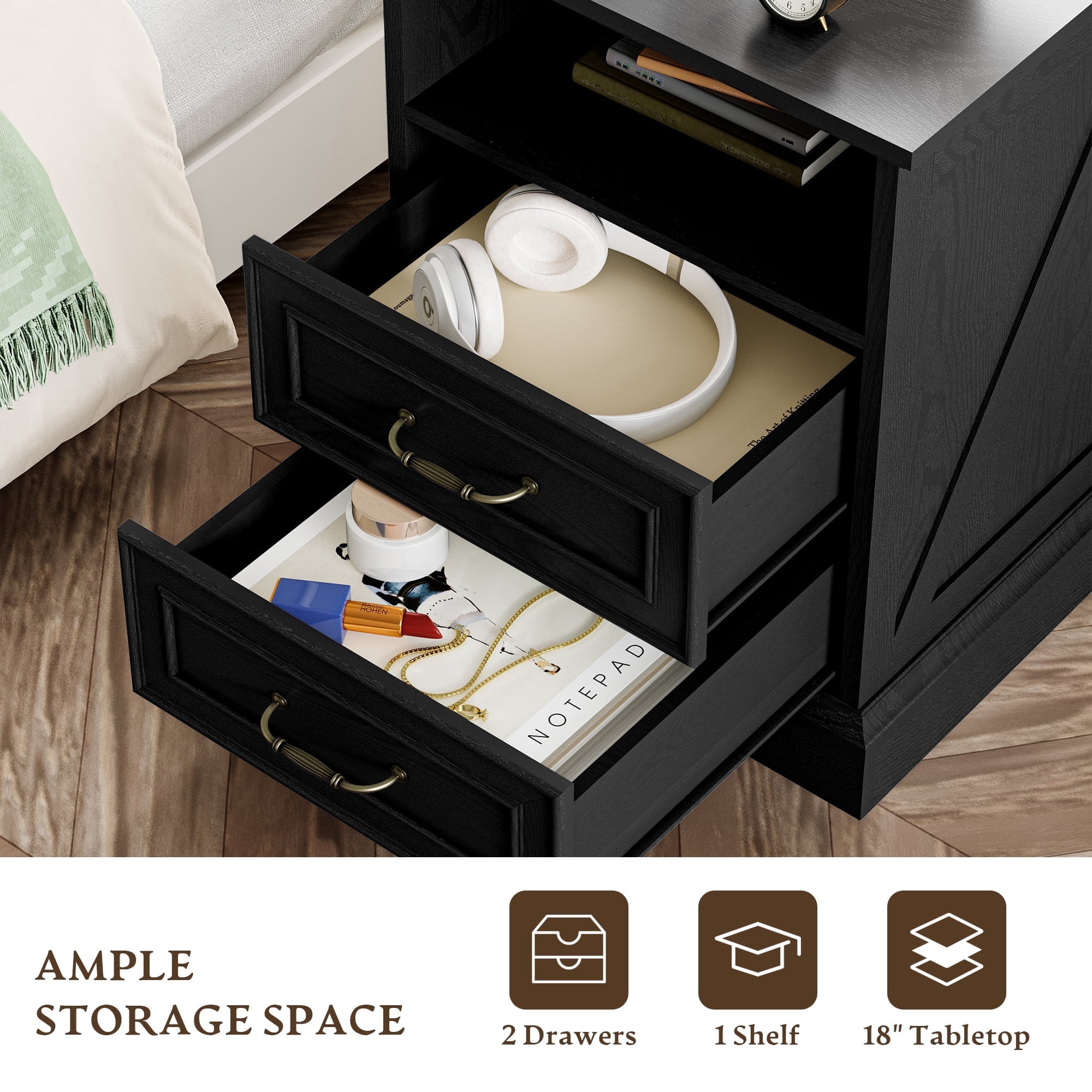 FANRAL 2 Drawers Dresser for Bedroom,Farmhouse Nightstand with Charging Station & Open Shelf,24" Wide Wooden Chest of Drawers,Rustic Storage Cabinet,Black Dresser