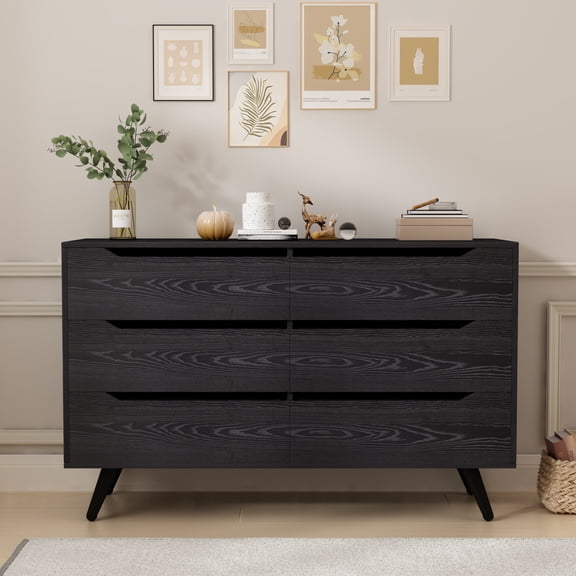 HARBOURSIDE 6-Drawer Dresser, Modern Mid-Century Chest for Bedroom, Living Room, Black