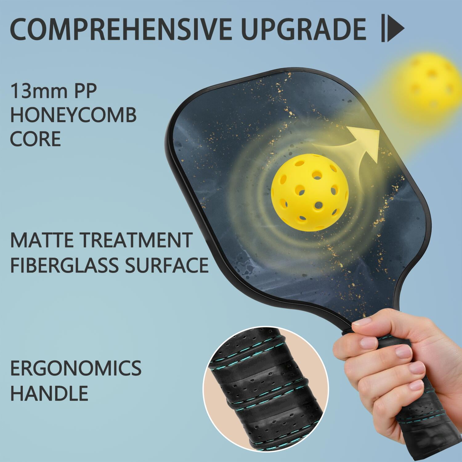 Pickleball Paddles Set Of 2, Fiberglass Surface, Turquoise Marble Pattern, 4 Balls & Bag