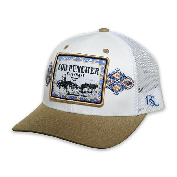 RopeSmart Blue Cow Puncher Patch White and Khaki Trucker Cap