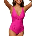 thumbnail image 3 of Firpearl Women's One Piece Tummy Control Swimsuits Push Up Bathing Suits with Underwire Front Cross Ruched Swimwear Hot Pink US10, 3 of 7