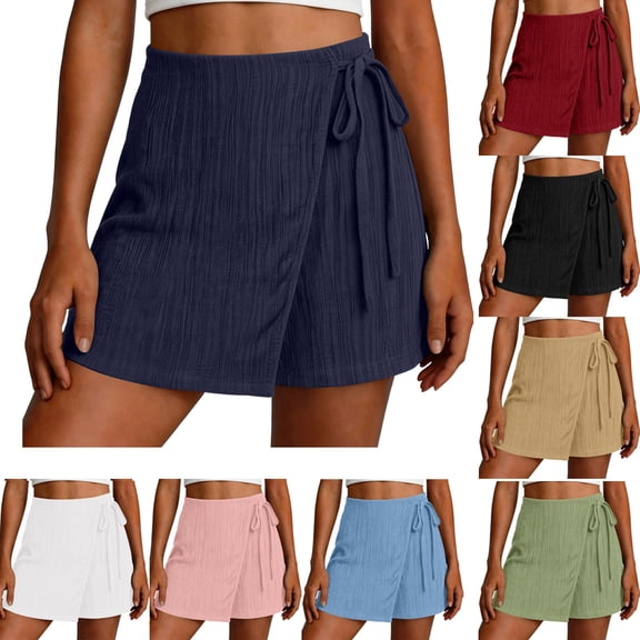 Women's Polyester Casual Solid Color Lace Up Pocket Shorts, Mid Waist Elastic Loose Drawstring, Pockets Lace Up, Summer Outdoor Travel Vacation Beach, Womens Shorts | UKHCCC,Army Green L