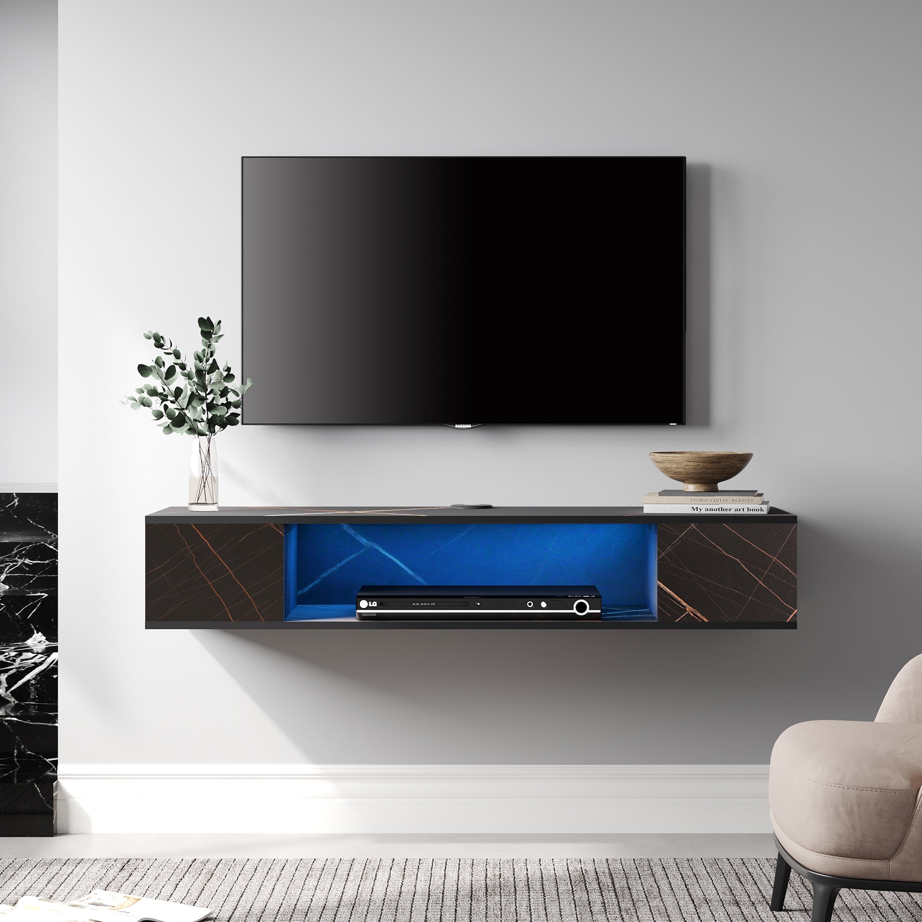 Buy Stone Black Floating TV Stand Wall Mounted with Led Light Online at