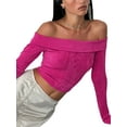 thumbnail image 5 of Womens Elegant Off Shoulder Long Sleeve Slim Fit Stretch Blouse Top Tee Backless Ribbed Knit Wrap Tee Crop Top, 5 of 10