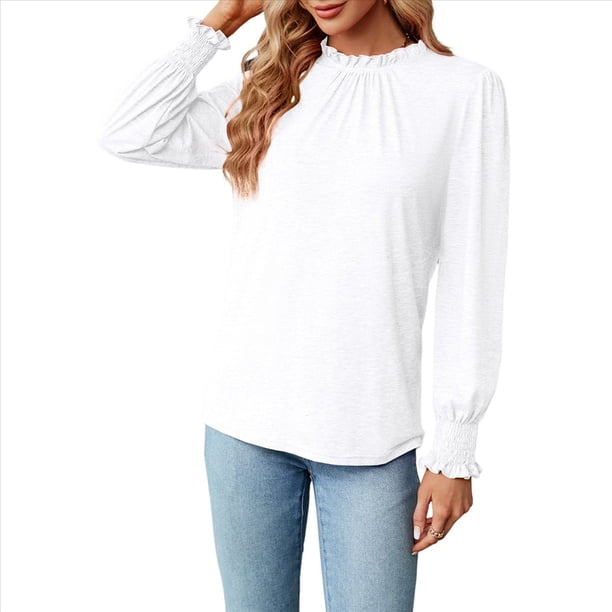 Camiseta Holgada Informal de Larga con Cuello Redondo para Mujer, Color Liso, con Encaje y Mangas Farol, para Otoño e Invierno M