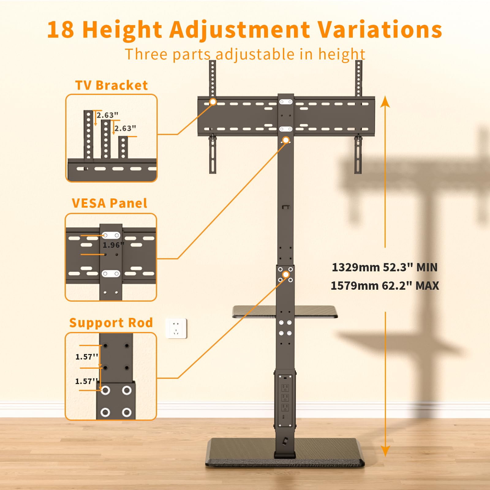 Afaloona Universal Floor TV Stand, TV Floor Mount Stand with Power Outlet & Removable Shelf for 32-75 inch TV up to 110 lbs, Swivel and Height Adjustable Tall TV Stand for Bedroom