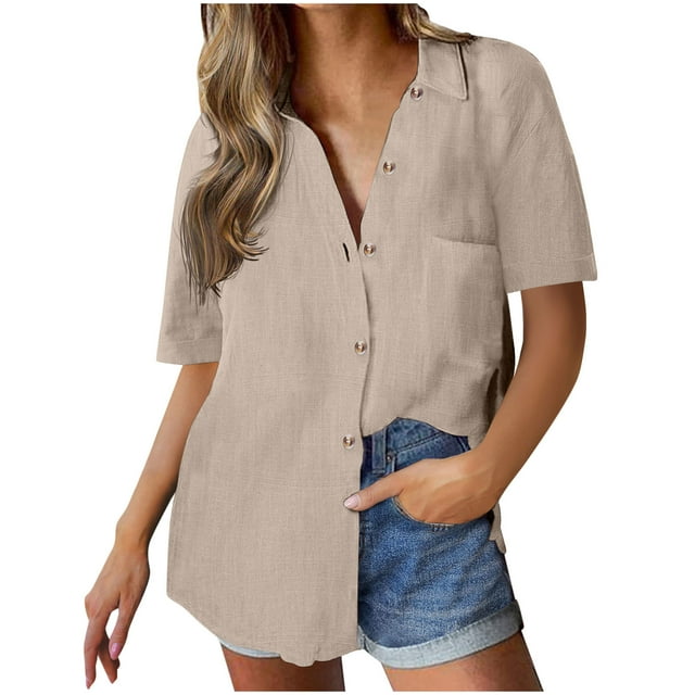 hotojiny Womens Button down Shirts Summer Cotton Linen Breathable Short Sleeve Blouses Loose Collared Oversized Tops with Pockets