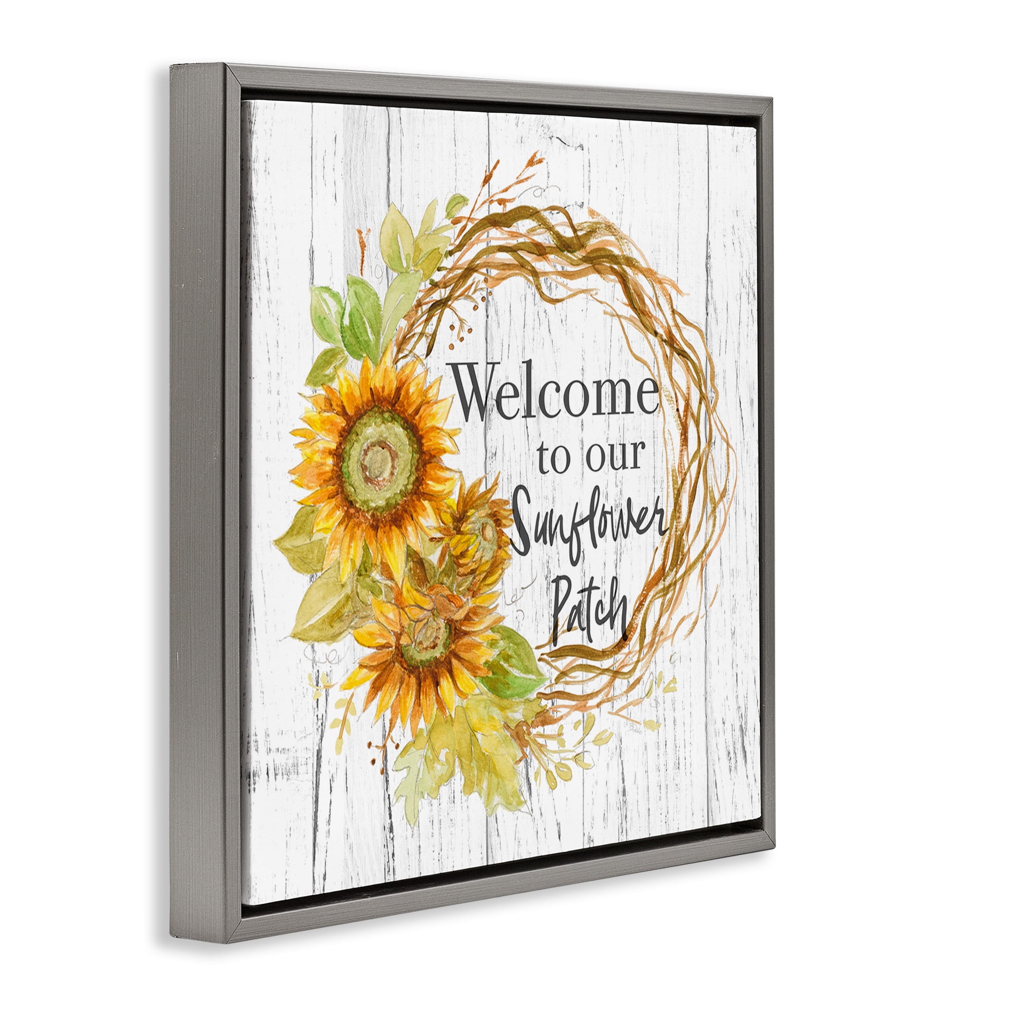 Stupell Industries Welcome Rustic Floral Wreath Botanical & Floral Painting Gray Floater Framed Canvas Art Print Wall Art, 18 x 18