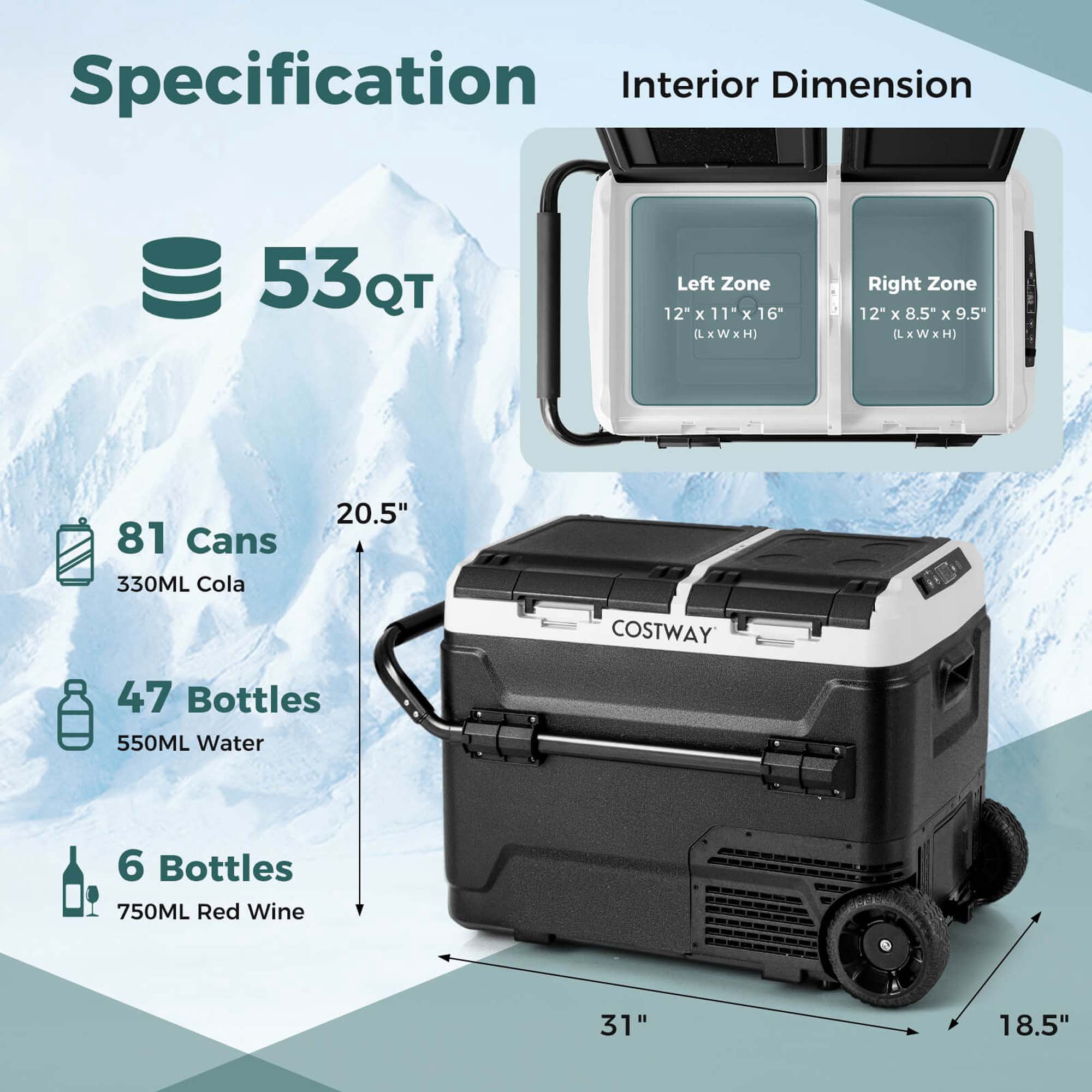 Costway Dual Zone 12V Car Refrigerator 53QT Portable Compressor Fridge Freezer (-4℉~68℉)  for RVs Black