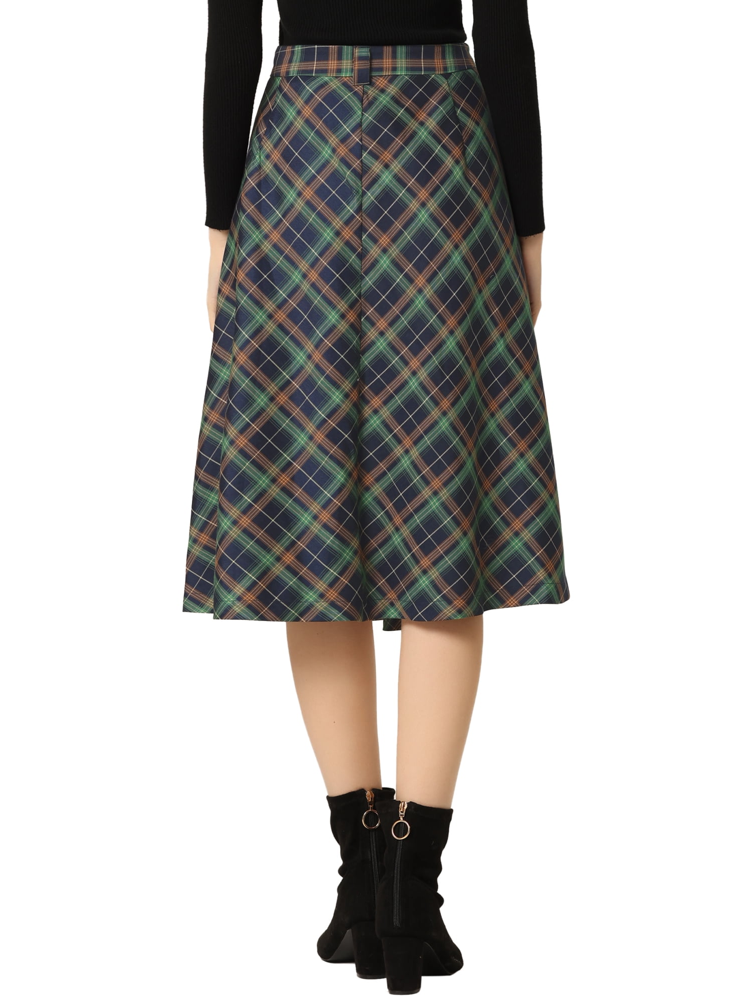 DARING DIVA Women's Plaid Belted Vintage A-Line Midi Skirt S Blue Green