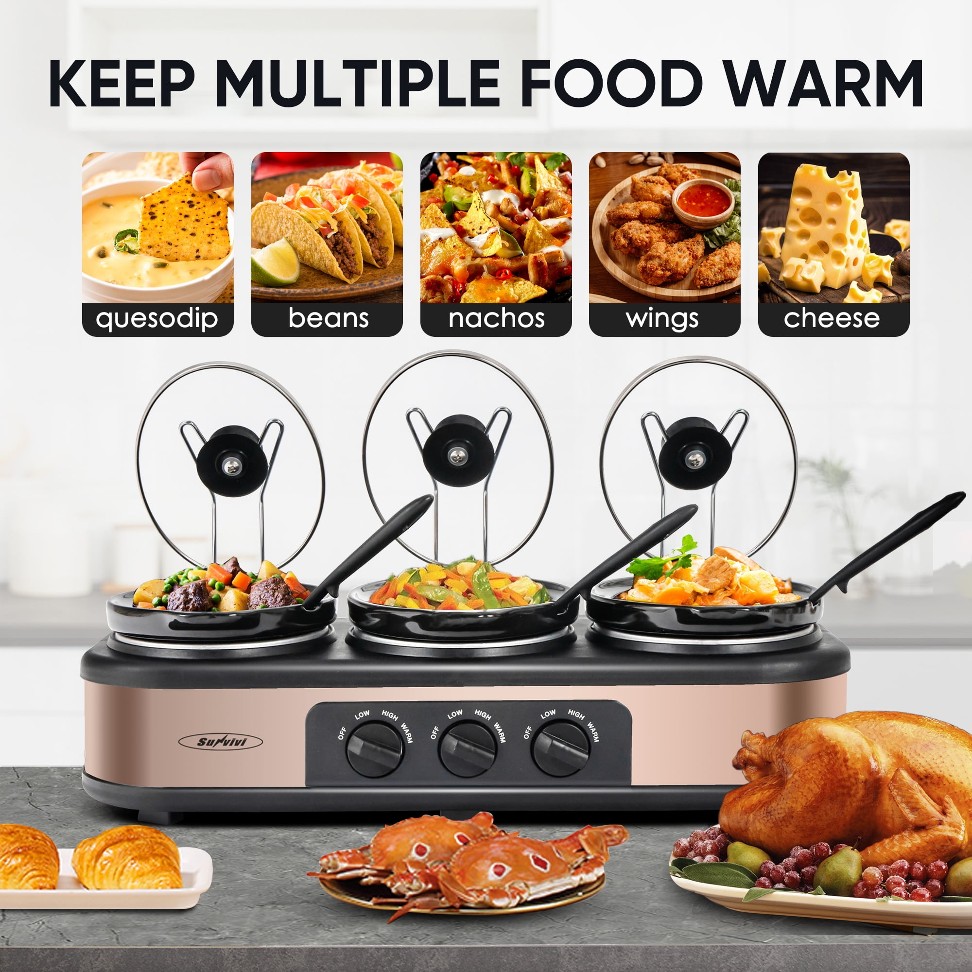 Triple Slow Cooker, 3×1.5 QT Buffet Servers and Warmers, 3 Pots  Buffet Slow Cooker Adjustable Temp Lid Rests Stainless Steel Manual Silver  for Parties Holidays Families: Home & Kitchen