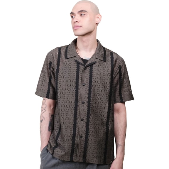 Brooklyn Cloth Men's Jacquard Knit Camp Collar Shirt, Vertical Stripe, Stylish Wear, Dusty Black, Small