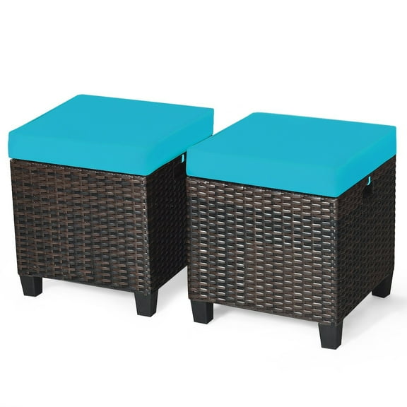 Sptwo | 2 Pieces Outdoor Patio Ottoman, All Weather Rattan Wicker Ottoman Seat, Patio Rattan Furniture, Outdoor Footstool Footrest Seat w/Removable Cushions