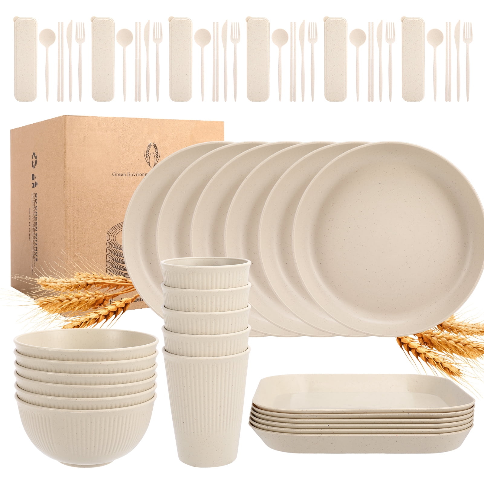 Bocaoying 54 PCS Wheat Straw Dinnerware Sets, Unbreakable Dinnerware Set - Eco Friendly Kitchen Cups Plates and Bowls Sets for RV Outdoor Camping, Dishwasher Microwave Safe, Service for 6