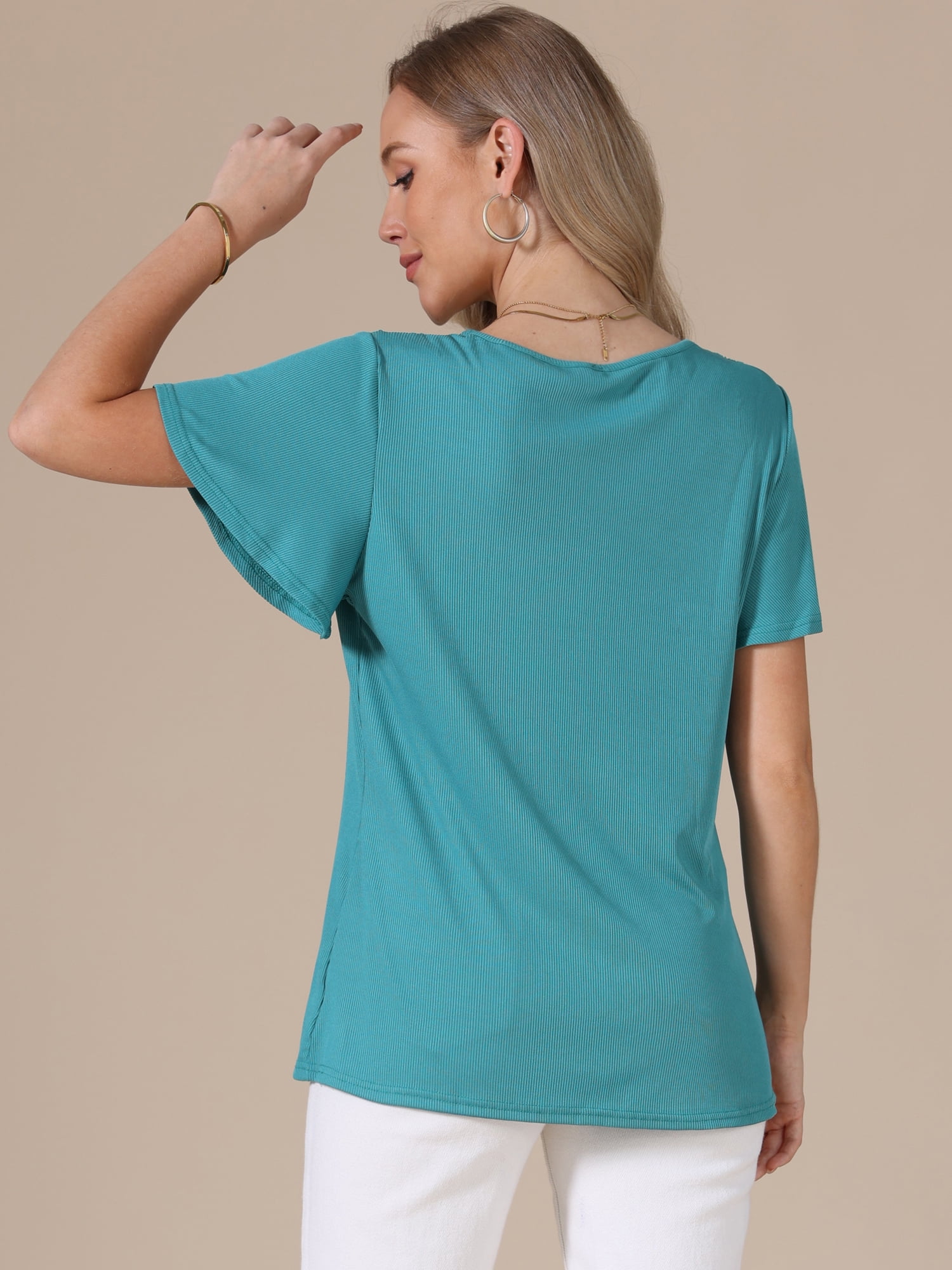 DARING DIVA Women's Short Sleeve Shirts V Neck Dressy Casual Tunic Tops M Turquoise
