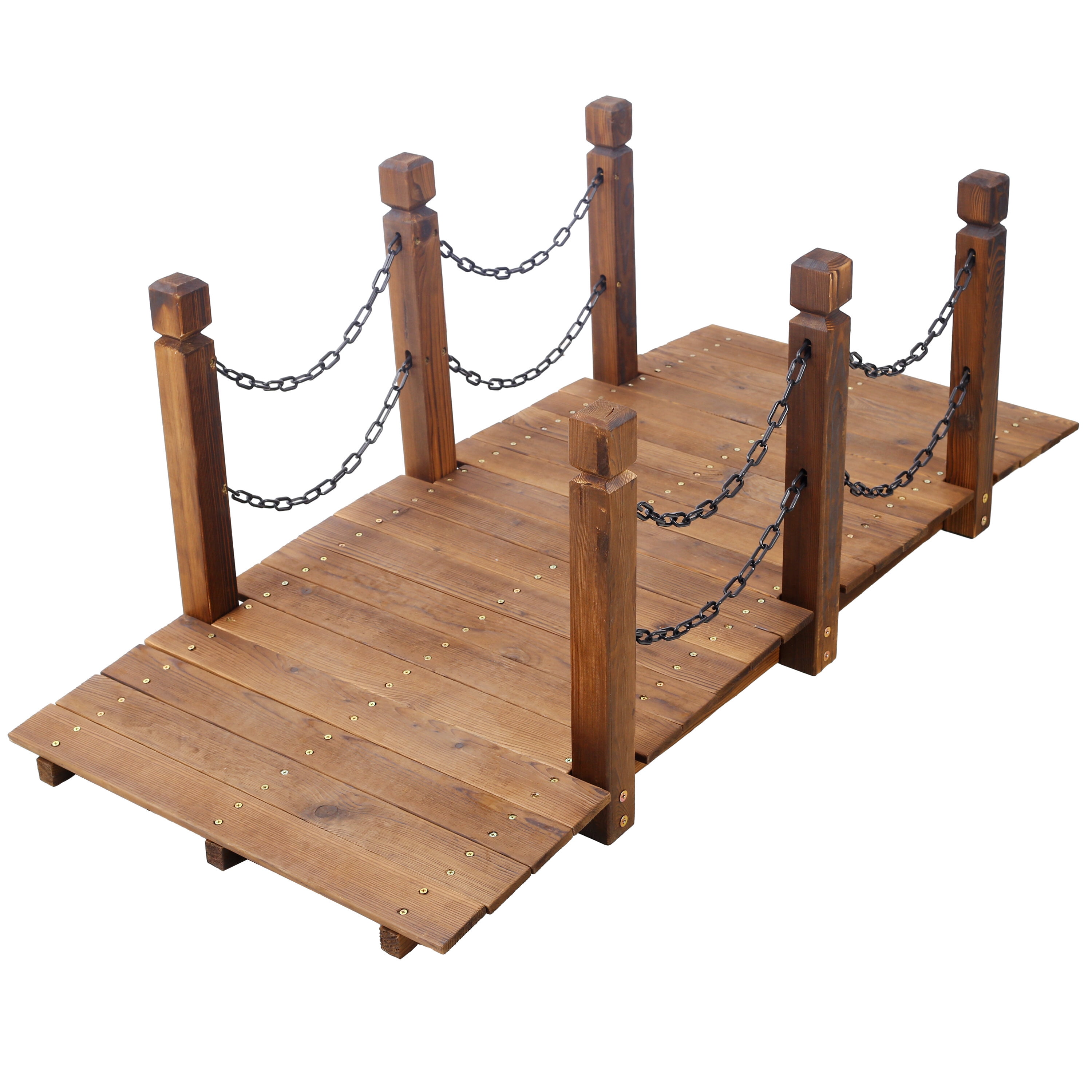 , 5 FT Wooden Garden Bridge, Stained Wood Arc Footbridge with Chain Railings for Backyard Creek Farm, Decorative Pond Bridge, Easy to Assemble (Brown), Brown ,Wood ,
