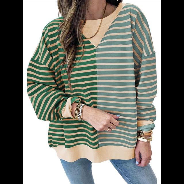 Sudadera Informal de Larga para Mujer, con Bloques de Color, Hombros Caídos, Cuello Redondo y Gran Tamaño. Verde L