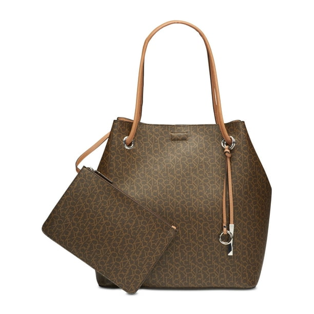 meel Monarchie dier CALVIN KLEIN Women's Brown Logo Leather Adjustable Strap Tote Handbag Purse  - Walmart.com