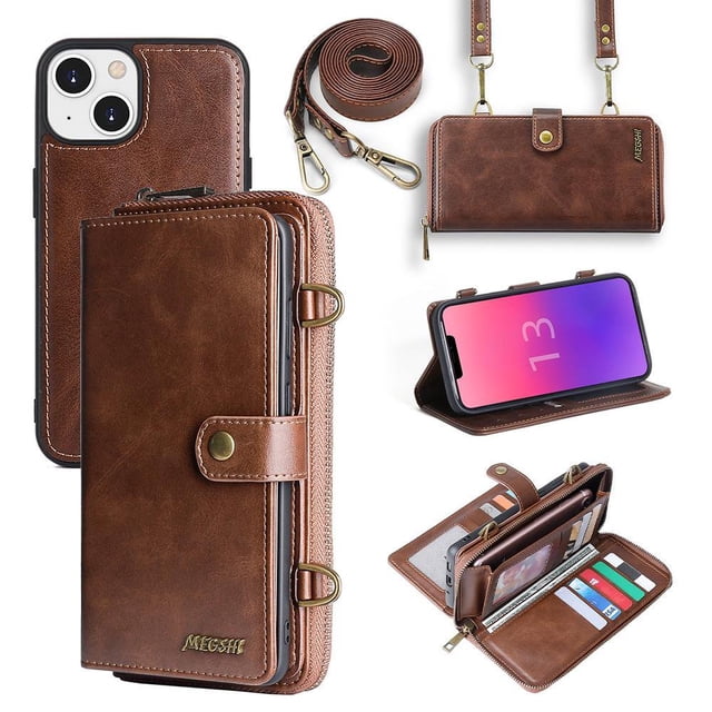 Compatible with 13 Mini Wallet Case Multi-Function Wallet Case 2 in 1 Detachable Magnetic Wallet Case with Card Holder PU Leather Flip Cover with Lanyard