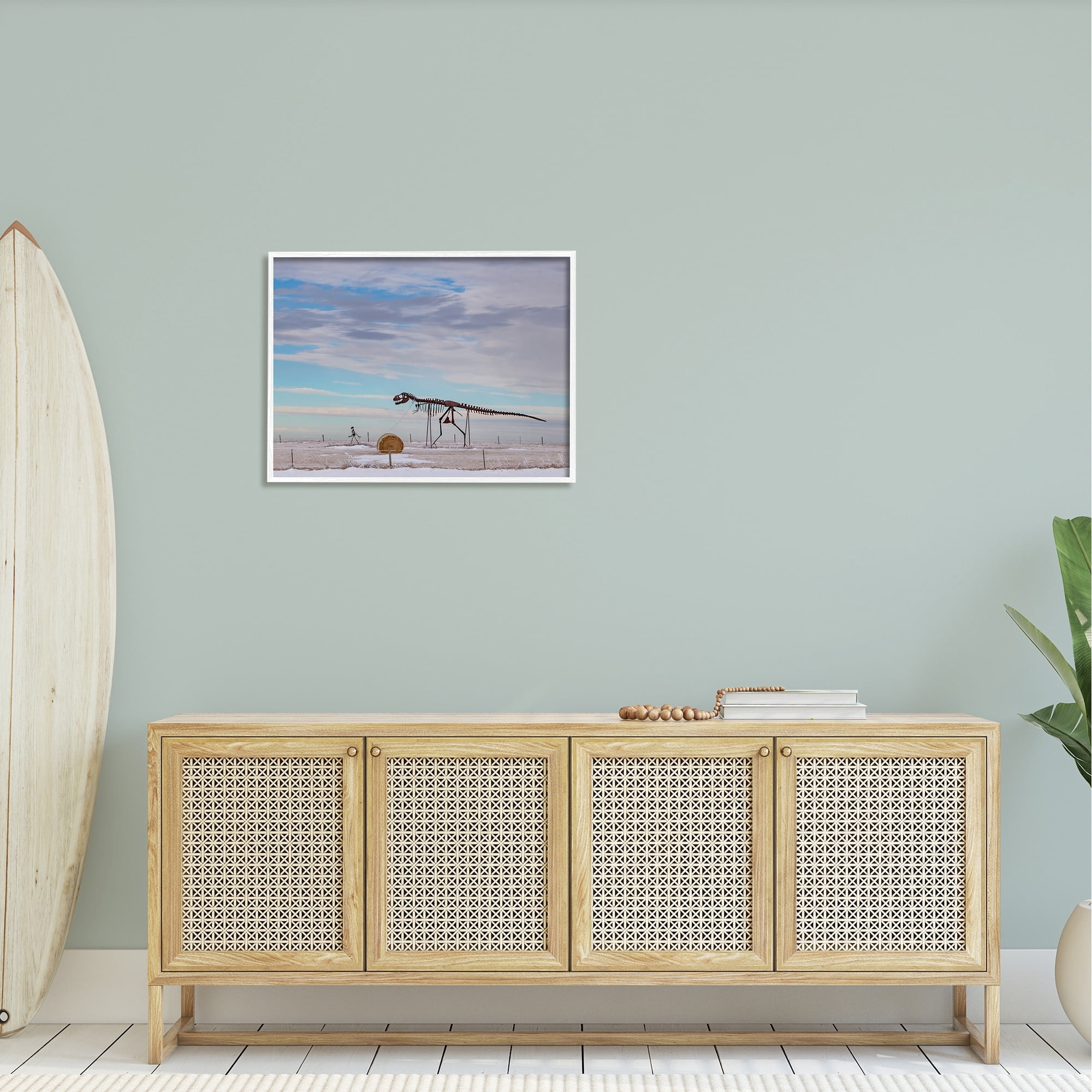 Stupell Industries Person Walking Dinosaur Skeleton Beach Sand Dunes Photograph White Framed Art Print Wall Art, Design by Jeff Poe Photography