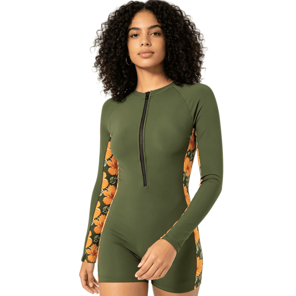 ITAWES Women's Long Sleeve One-Piece Rash Guard Zip Front Surf Swimsuit Tummy Control Bathing Suit with Sun Protection