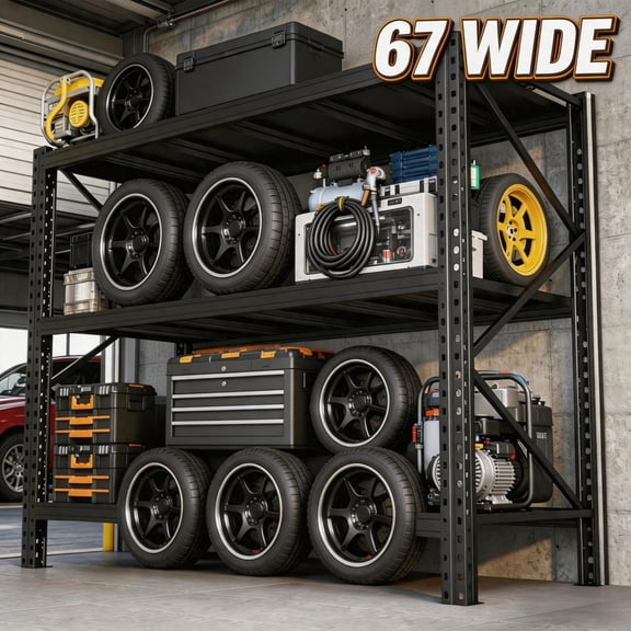 3 Tier Garage Shelving, Ultra Stable Metal Storage Shelf, 4500 lbs Heavy Duty Utility Unit for Home, Cellar and Storage Room, Black, 67"W x 20"D x 63"H