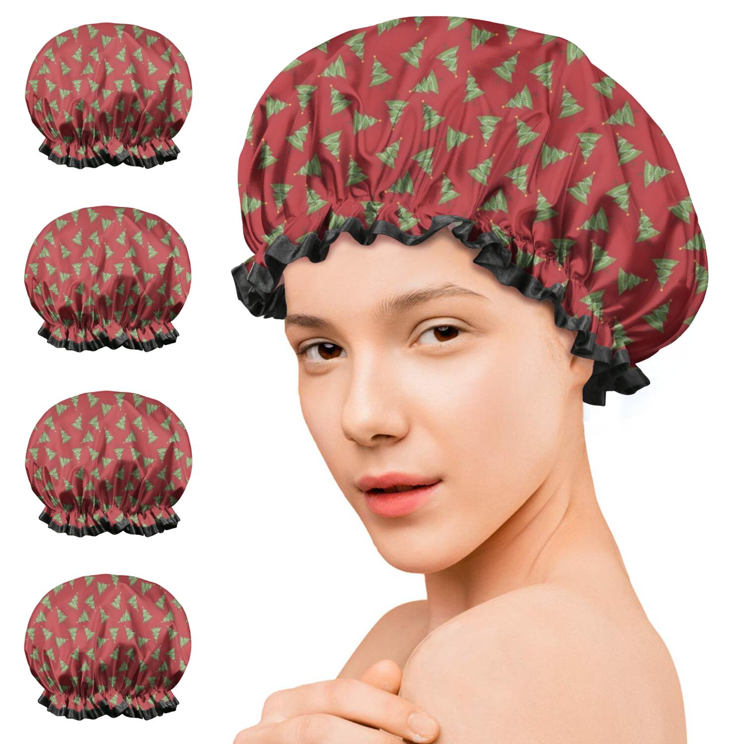 Shower Caps,Red Christmas Tree Pattern Waterproof Shower Cap for Women 4 Pieces,Double Reusable Hair Cover for Shower PEVA Elastic Stretch Hem
