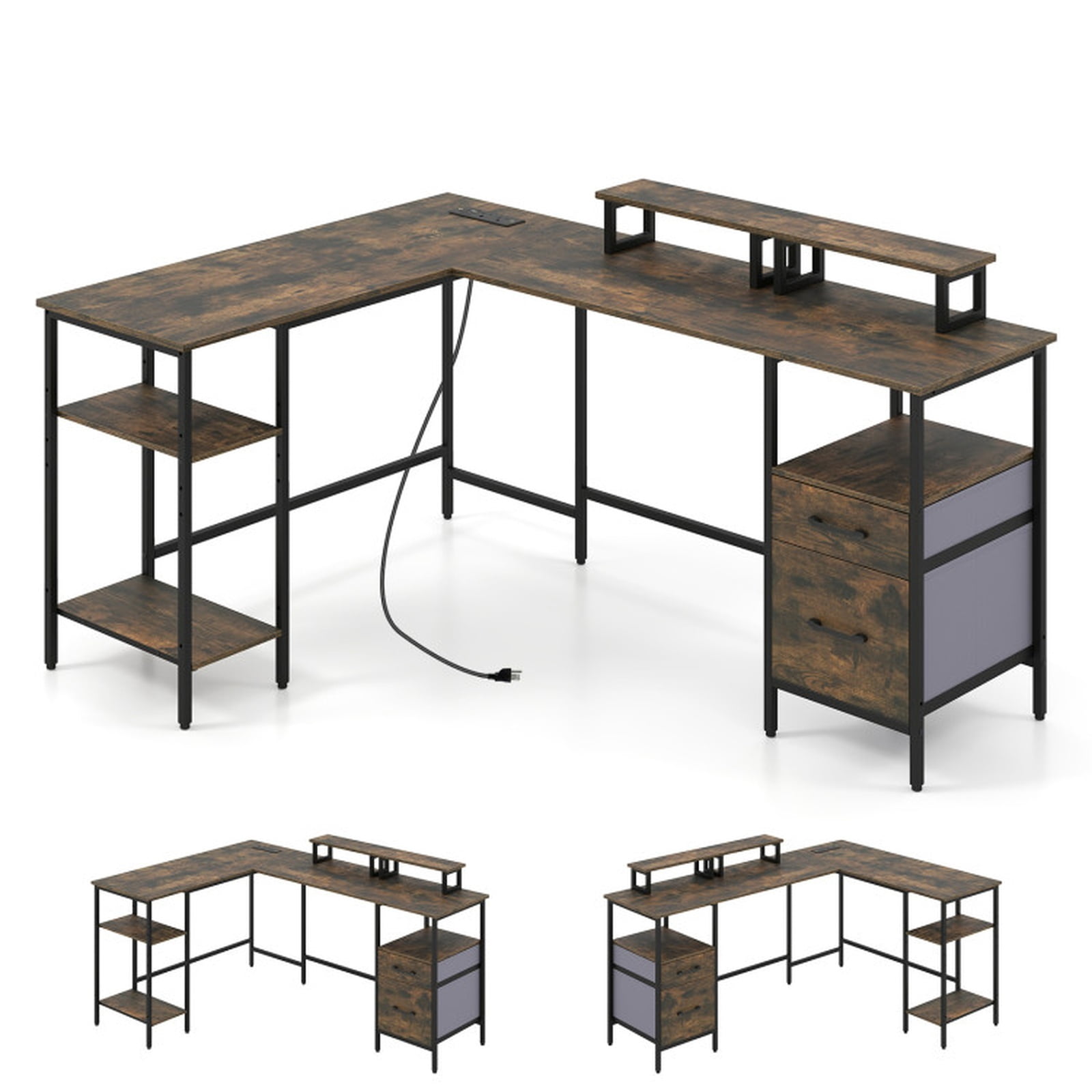 Furnibear L Shaped Desk Reversible Computer Desk with Power Outlet Monitor Stand and Fabric Drawers for Home Office Corner Workstation, Rustic Brown