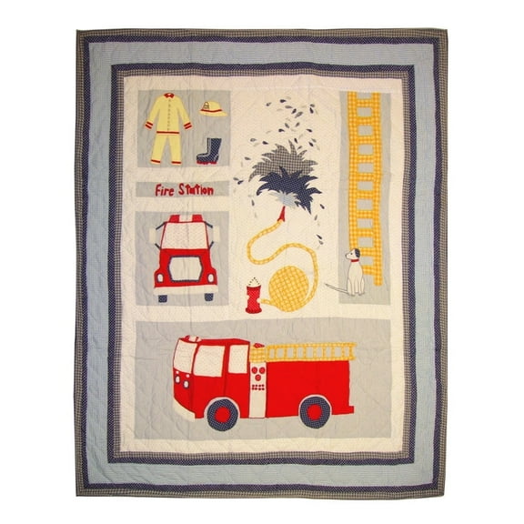 Patchmagic Fire Truck Lightweight Reversible Cotton Throw Quilt with Pillow Shams,Adult, Teen