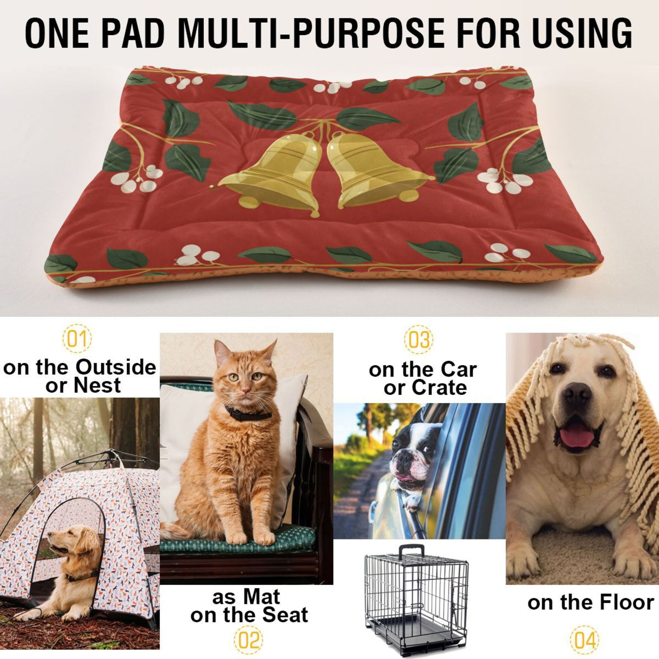 Cozy Mat Pet Bed Indoor Outdoor Warm Soft For Cat Dog Puppy(S/M) Christmas Bell