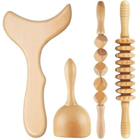 4-in-1 Wood Therapy Tools Massage Kit  – Includes Paddle Contouring Board, Swiss Cup, Dice Roller, and Fascia Roller