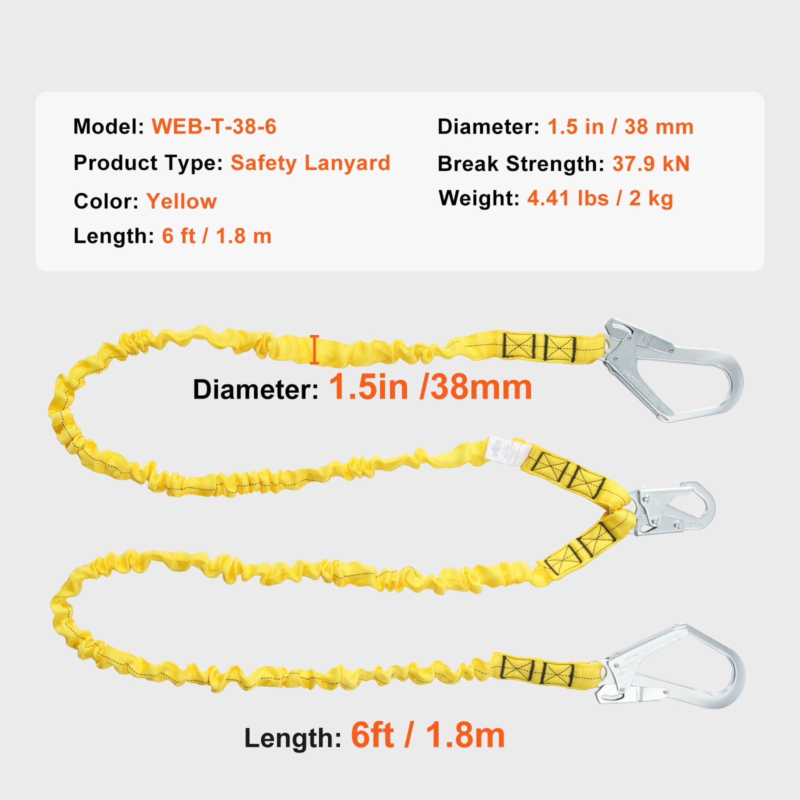 KFFKFF 38mm Protective Lanyard, 6ft Safety Cord with Dual Alloy Snap Hooks, Flexible Security Strap for Tree Climbing, Indoor/Outdoor Use, 38KN Tensile Strength, Yellow