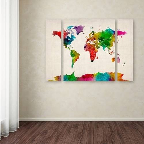 Trademark Fine Art "Watercolor World Map II" Canvas Art by Michael Tompsett Three Panel Set