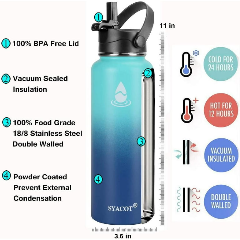 32 oz 40 oz 64 oz Stainless Steel Water Bottle, Insulated Double Wall  Vacuum Leak Proof Water Flask, Metal Thermo Canteen Mug —Wide Mouth with 2  Straw Lids (40 oz, Purple/White/Blue) 