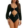 thumbnail image 1 of Bikini de una pieza con escote en V, mangas largas, malla y control de abdomen, color negro, talla mediana, 1 of 5