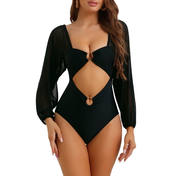 DARING DIVA Women's 1 Piece Cut Out Ring Plunge Neck Shirred Bikini XS Black