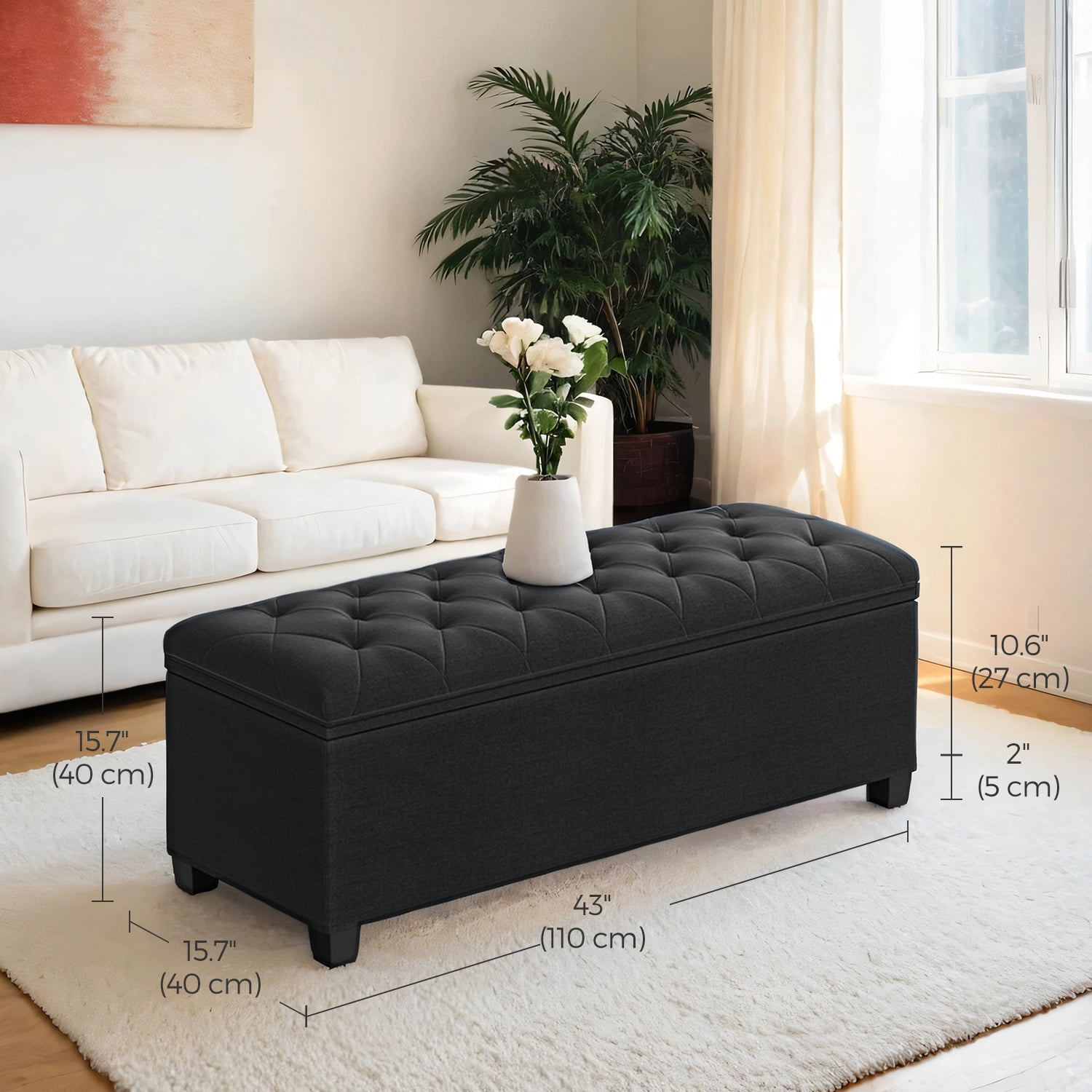 LEDREM Storage Ottoman Bench, 43" End of Bed Bench with Removable Cover, 660lb Capacity, for Living Room, Bedroom, Ink Black
