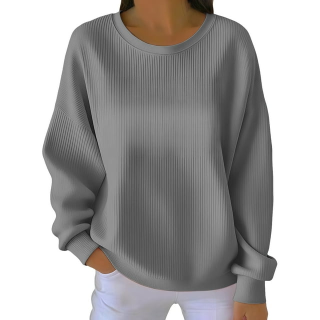 ManxiVoo Chandail en Molleton Basique à Col Rond pour Femmes Manches Longues Chandail-Over Polyvalent Confortable pour Usage Quotidien Taille G Gris