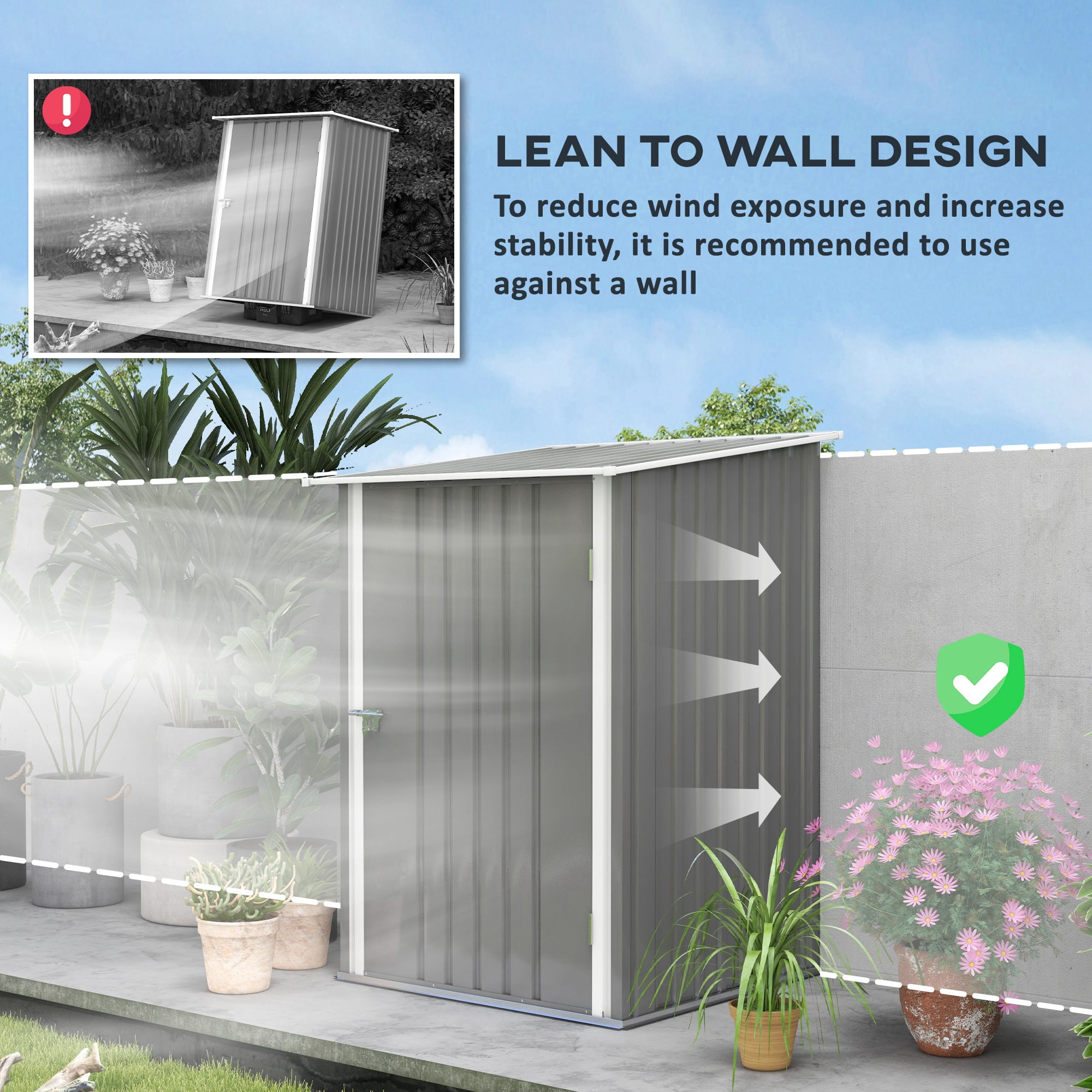 Outsunny 3.3' x 3.4' Lean-to Garden Storage Shed, Small Outdoor Galvanized Steel Tool House with Lockable Door for Patio, Backyard, Lawn, Gray