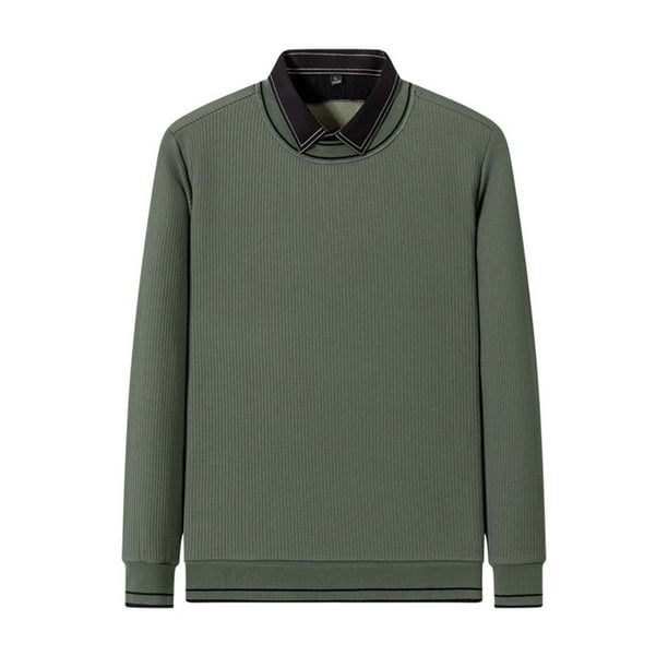 Blusas y camisas de manga larga con cuello en V para hombre, color liso, moda informal, falso bicapa, cuello abatible, suéter cálido, camisa base, manga larga, parte superior de poliéster para hombre