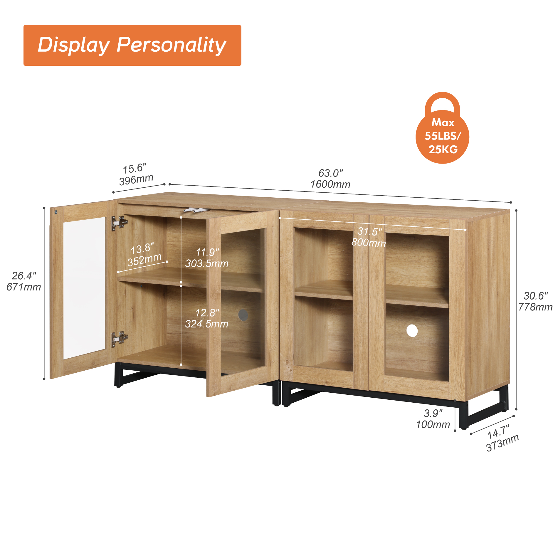 WAMPAT 63 Inch TV Stand with Glass Doors for 32-70 inch TVs, Modern Entertainment Center TV Console with Adjustable Shelves for Living Room, Bedroom, Oak