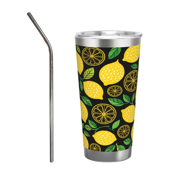 20oz Lemon Citrus Black Fresh Fruit Botanical Summer Insulated Tumbler with Handle and Straw Travel Cup Car Cup with Stainless Steel Straw