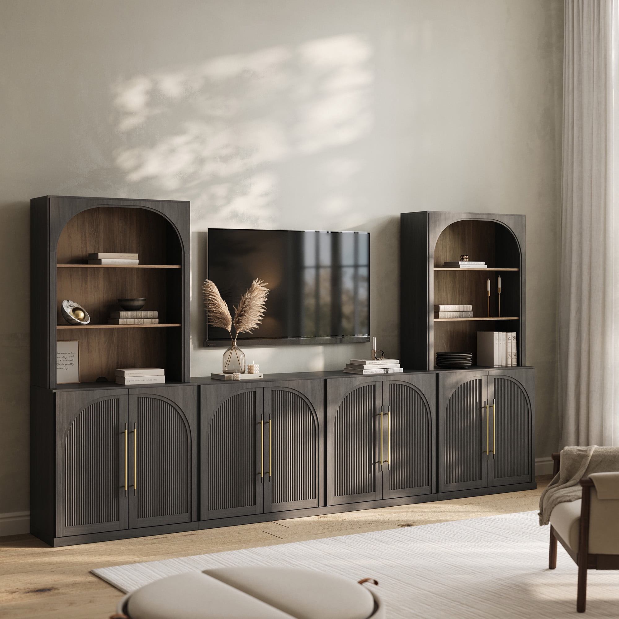 BELLEZE 5-Piece Modular TV Console Set - 1 Full Buffet Cabinet 2 Double-Arc Wood Door Sideboards 2 Hutch Cabinets Classic Modern Entertainment Center with Adjustable Shelves for Living Room Ebony