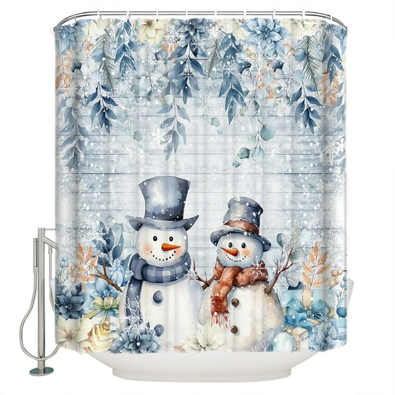 Blue Christmas Shower Curtain, 36" x 72", Snowman Gift Flower Holly Eucalyptus Wood Grain Waterproof Bathroom Curtain Washable Shower Curtain Set with 12 Hooks