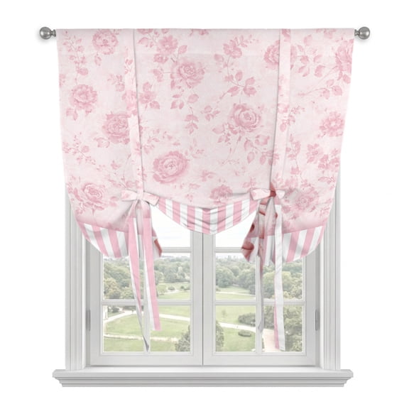 Pink Bow Tie Up Curtains for Windows, Adjustable Balloon Window Shades, Farmhouse Roses Floral Stripes Rustic Modern Kitchen Window Treatments Adjustable Roll Up Curtain for Basement/Nursery 52"x45"