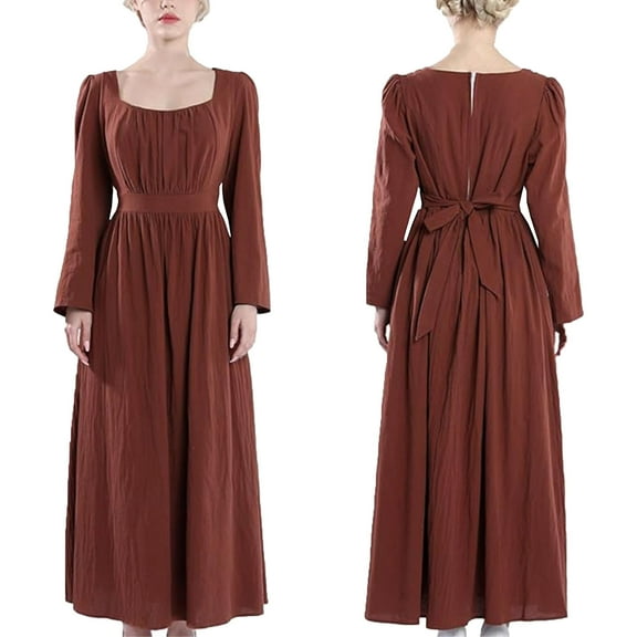 Oksale Womens Medieval Square Neck Dresses Renaissance long Sleeve Dress Regency Victorian Dresses Elegant Floor Length Maxi Dress 2025 Coffee