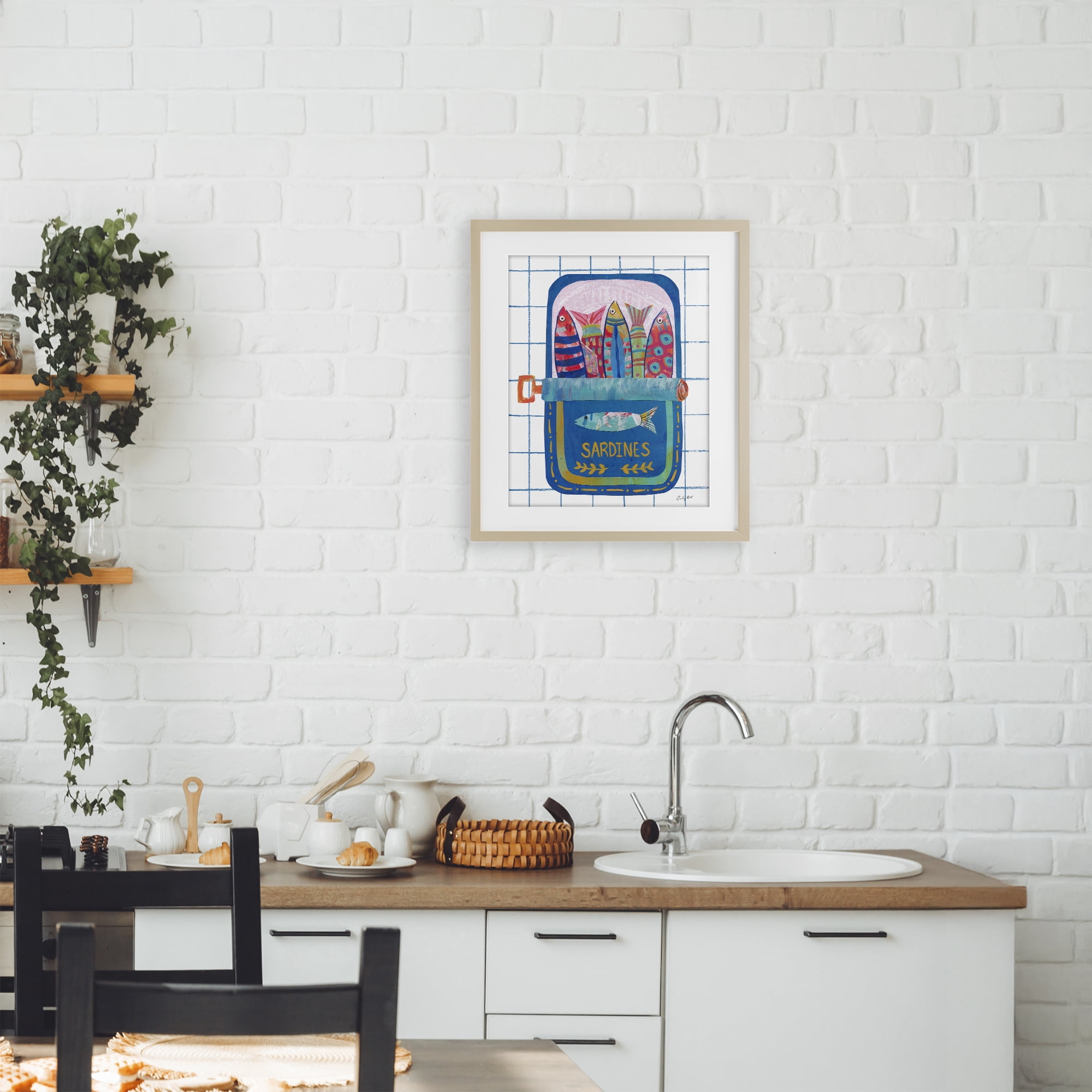 Stupell Industries Silly Sardines Blue Tin Birch Framed Print Under Glass, design by Courtney Prahl