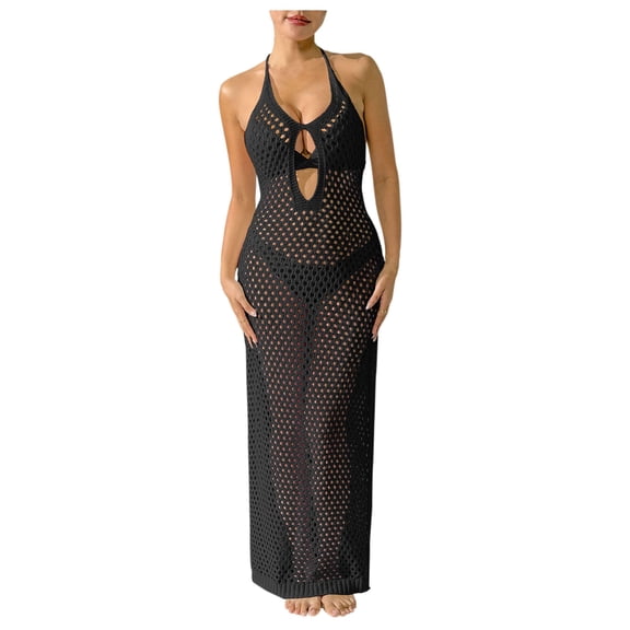 Beach Coverups for Women 2026 Summer Sleeveless Hollow Out Swim Suit Cover Up Halter Crochet Long Dress Swimsuit Coverup