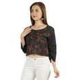 thumbnail image 3 of Moomaya Printed Womens Crop Top 3/4 Sleeve Button Up Round Neck Tunic Blouse, 3 of 7